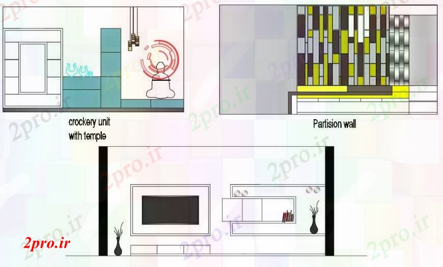 دانلود نقشه طراحی مبلمان آشپزخانه طراحی  دو بعدی  واحد مصرف ظروف یکبار مصرف با معبد و دیوار پارتیشن (کد96405)