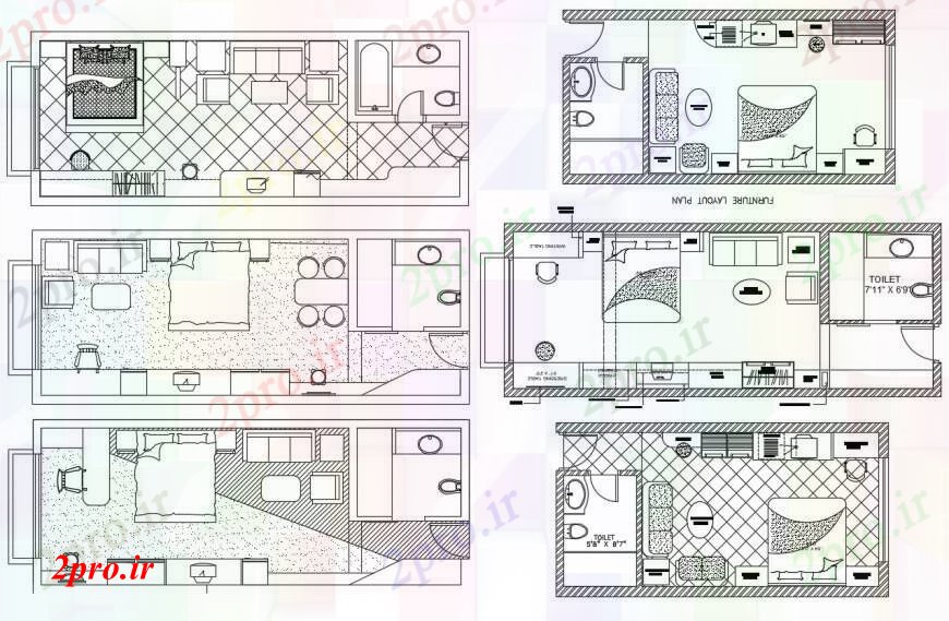 دانلود نقشه حمام مستر طراحی دو بعدی نما اتاق خواب با اتاق نشیمن اتوکد 8 در 14 متر (کد96413)