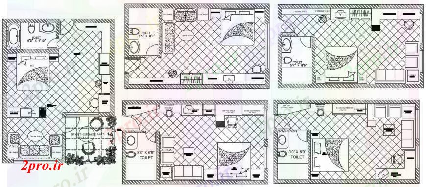 دانلود نقشه حمام مستر طراحی دو بعدی از مبلمان اتاق خواب 8 در 14 متر (کد96416)