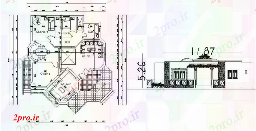 دانلود نقشه مسکونی  ، ویلایی ، آپارتمان  طراحی دان اقامت تک با طراحی نما (کد96418)