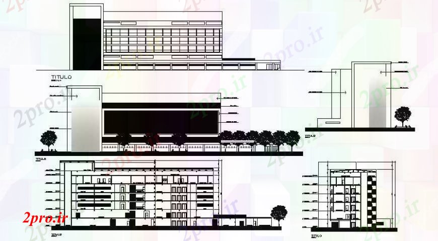 دانلود نقشه ساختمان اداری - تجاری - صنعتی ساخت و ساز بخش و نما 32 در 113 متر (کد96440)