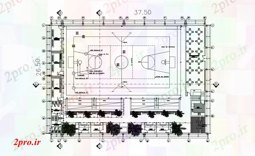 دانلود نقشه ورزشگاه ، سالن ورزش ، باشگاه کوتاه ورزشی طرحی توزیع پیچیده طراحی جزئیات 26 در 37 متر (کد96444)
