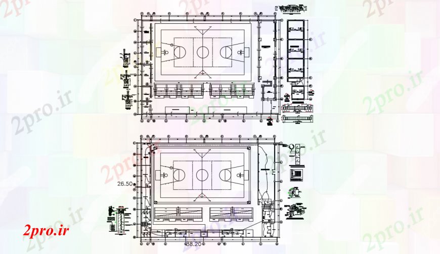 دانلود نقشه ورزشگاه ، سالن ورزش ، باشگاه بنیاد برنامه ریزی و نصب و راه اندازی برق جزئیات برای ورزش مرکز 27 در 38 متر (کد96446)