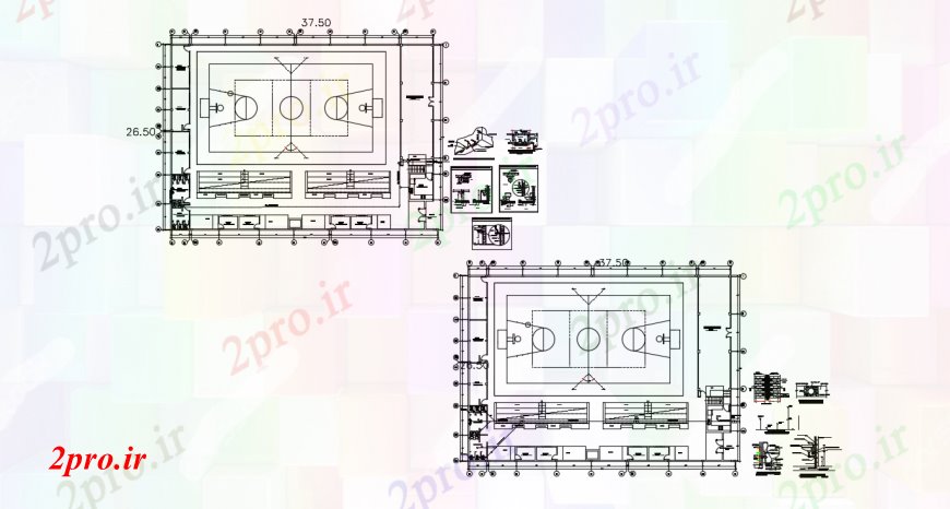 دانلود نقشه ورزشگاه ، سالن ورزش ، باشگاه ورزشی توزیع پیچیده جزئیات طراحی طرحی 26 در 37 متر (کد96447)