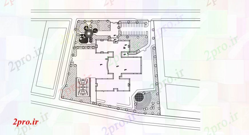 دانلود نقشه باغ باغ برای ساختار محوطه سازی مدرسه طراحی جزئیات 39 در 69 متر (کد96453)