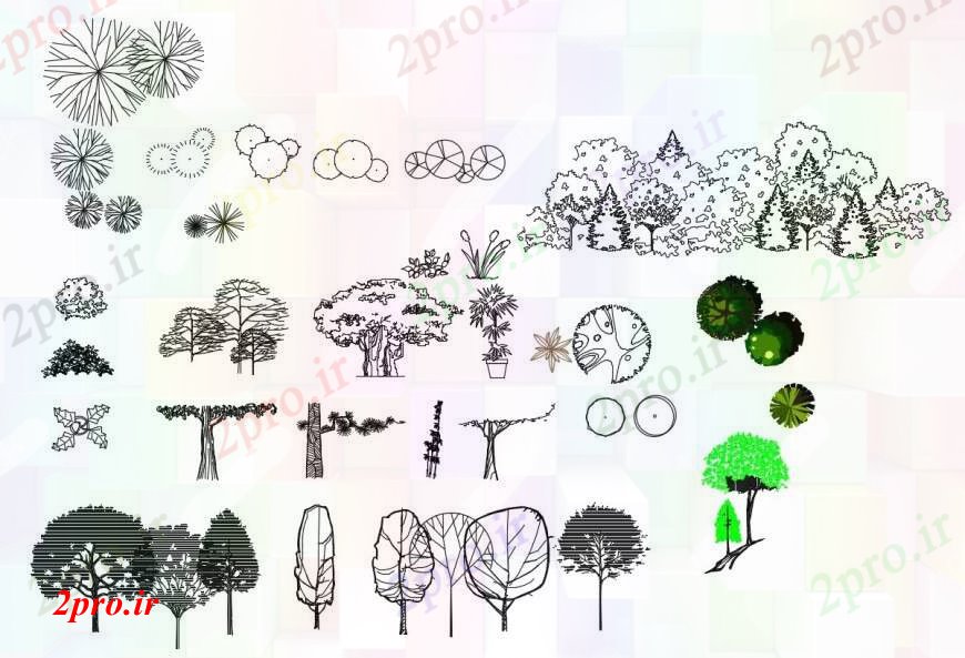 دانلود نقشه درختان و گیاهان جزئیات  طراحی های باغ  نما (کد96468)