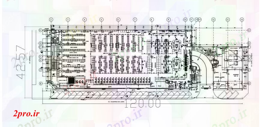 دانلود نقشه هایپر مارکت - مرکز خرید - فروشگاه طراحی دو بعدی سوپر مارکت اتوکد 33 در 115 متر (کد96495)