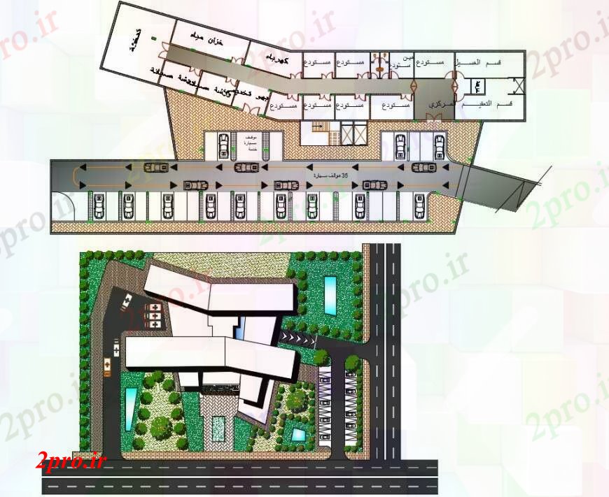 دانلود نقشه باغ چشم انداز و پارکینگ طرحی نمای بالا (کد96522)