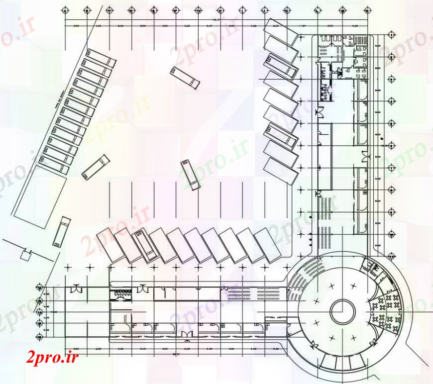 دانلود نقشه هایپر مارکت - مرکز خرید - فروشگاه ایستگاه اتوبوس بالای صفحه جزئیات طرح 121 در 121 متر (کد96534)