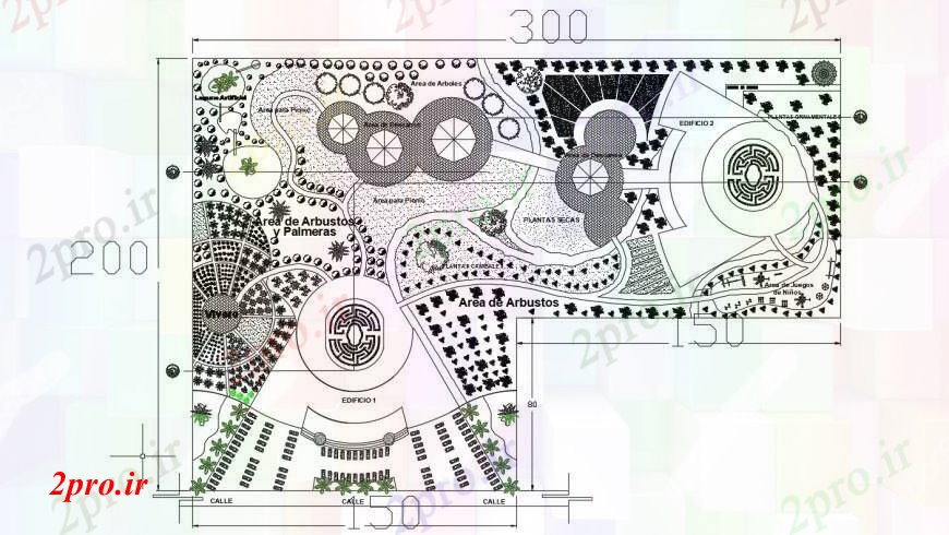 دانلود نقشه طراحی پارک - محوطه - باغ طراحی سی دی دو بعدی از پارک گیاه شناسی اتوکد نما 15 در 35 متر (کد96535)