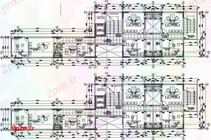 دانلود نقشه ساختمان اداری - تجاری - صنعتی طراحی از یک دفتر بزرگ و مدرن 10 در 33 متر (کد96540)