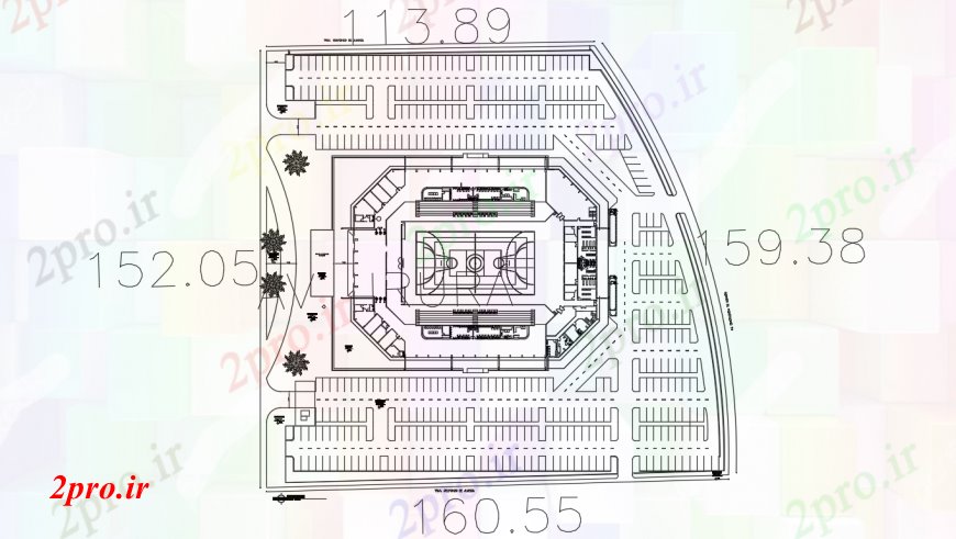 دانلود نقشه ورزشگاه ، سالن ورزش ، باشگاه ورزش مرکز با توزیع ورزشگاه طرحی 68 در 87 متر (کد96561)