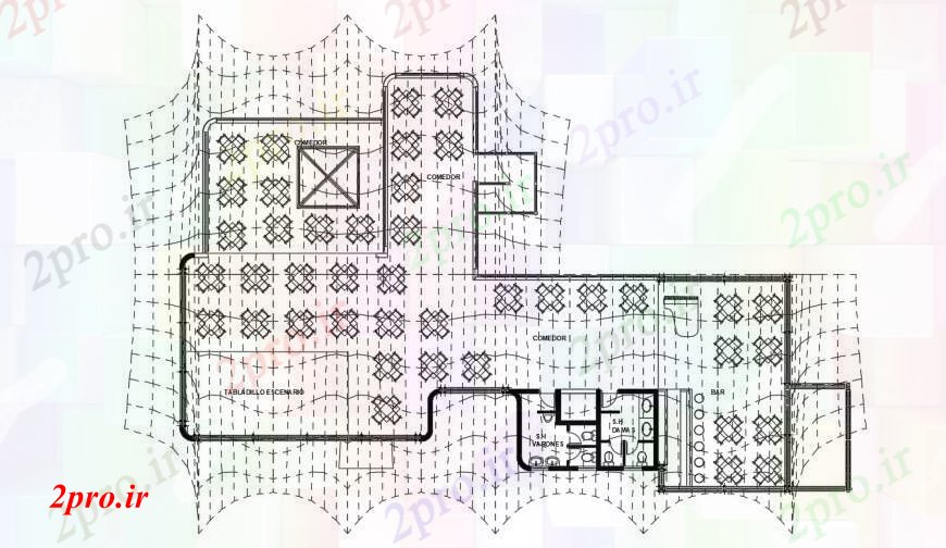 دانلود نقشه هتل - رستوران - اقامتگاه طراحی دو بعدی منطقه ناهارخوری اتوکد نما 17 در 26 متر (کد96614)
