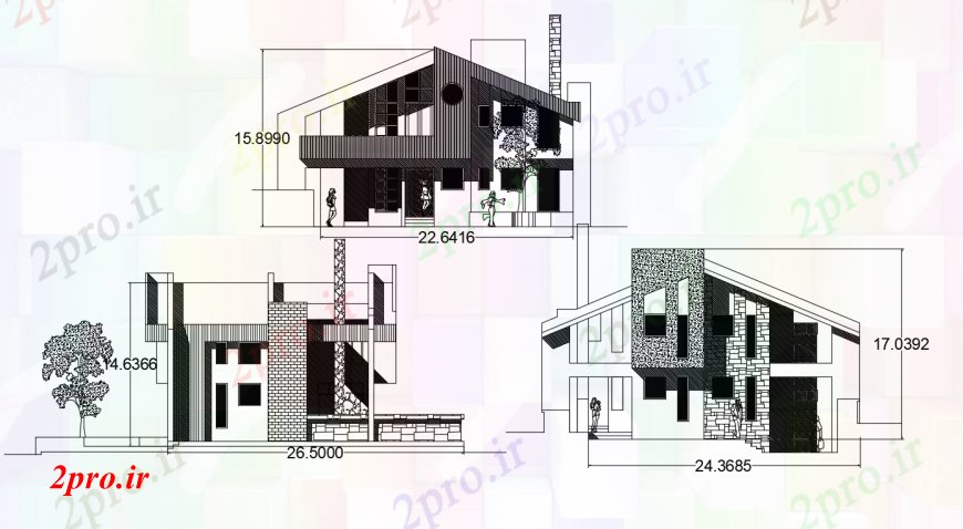 دانلود نقشه مسکونی ، ویلایی ، آپارتمان دو دان سقف خانه سه طرفه نما طراحی جزئیات 20 در 25 متر (کد96664)