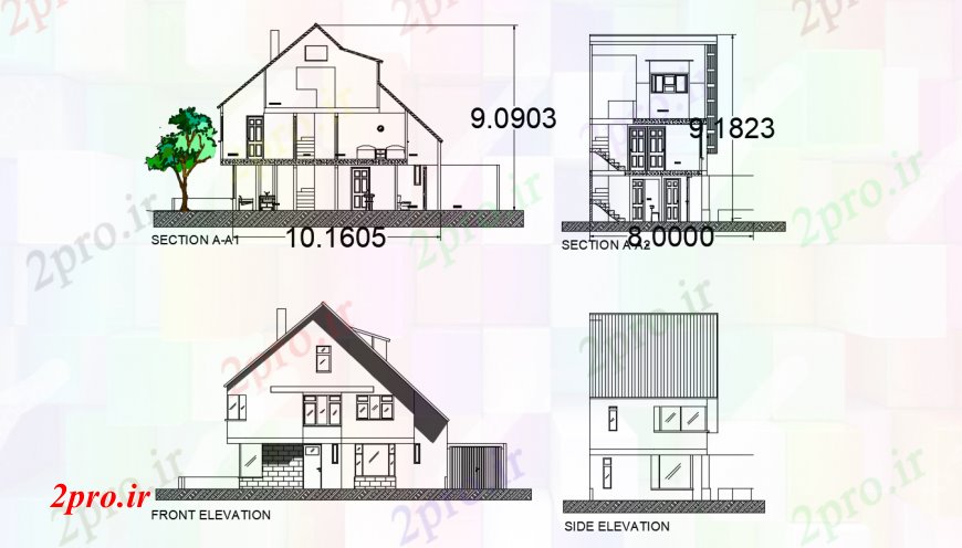 دانلود نقشه مسکونی  ، ویلایی ، آپارتمان  جلو و به طرف و بخش جزئیات سقف خانه (کد96665)