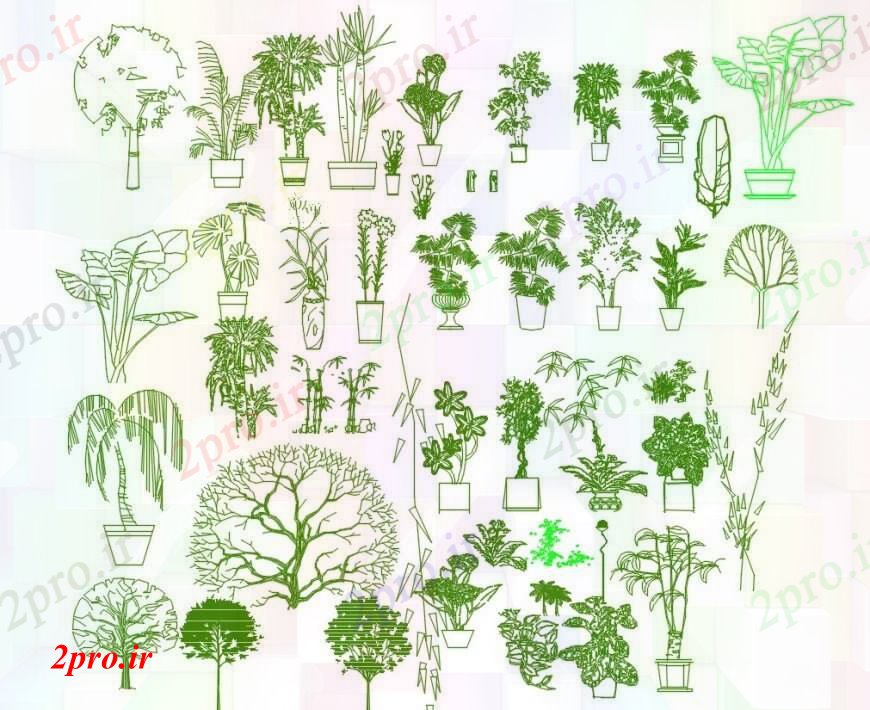 دانلود نقشه درختان و گیاهان محوطه سازی درخت و گیاهان و نباتات بلوک  (کد96686)