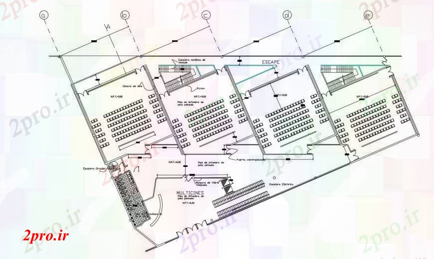 دانلود نقشه تئاتر چند منظوره - سینما - سالن کنفرانس - سالن همایشطراحی دو بعدی چند سینما اتوکد تئاتر 37 در 61 متر (کد96718)