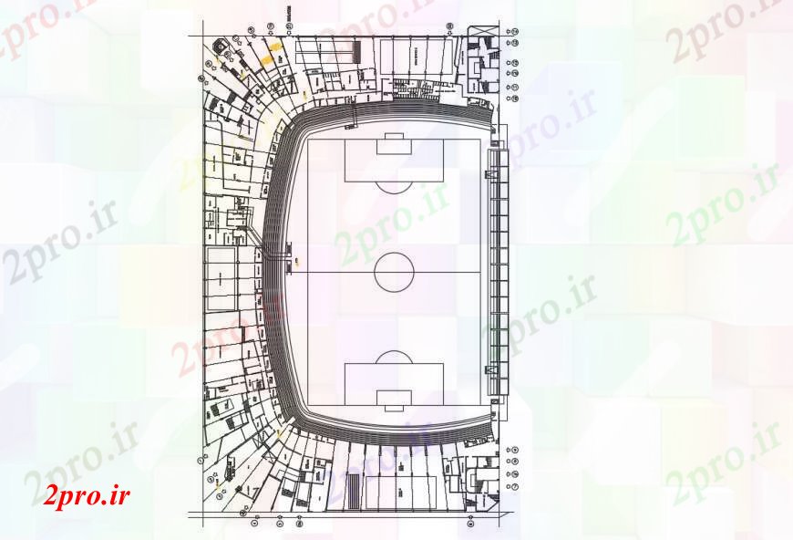 دانلود نقشه ورزشگاه ، سالن ورزش ، باشگاه طراحی دو بعدی فوتبال اتوکد ورزشگاه 120 در 192 متر (کد96753)