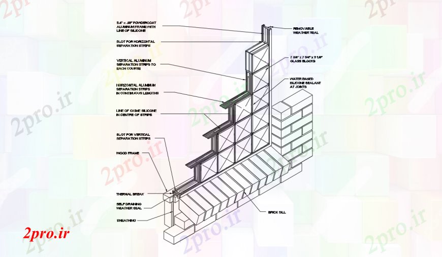 دانلود نقشه طراحی جزئیات ساختار قاب آلومینیومی در دیوار آجر روکش بخش سازنده ایزومتریک جزئیات (کد96759)