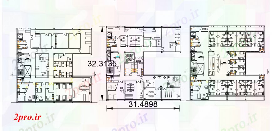 دانلود نقشه بیمارستان - درمانگاه - کلینیک اول، دوم و سوم طبقه جزئیات طرحی از دان هفت بیمارستان 32 در 32 متر (کد96786)