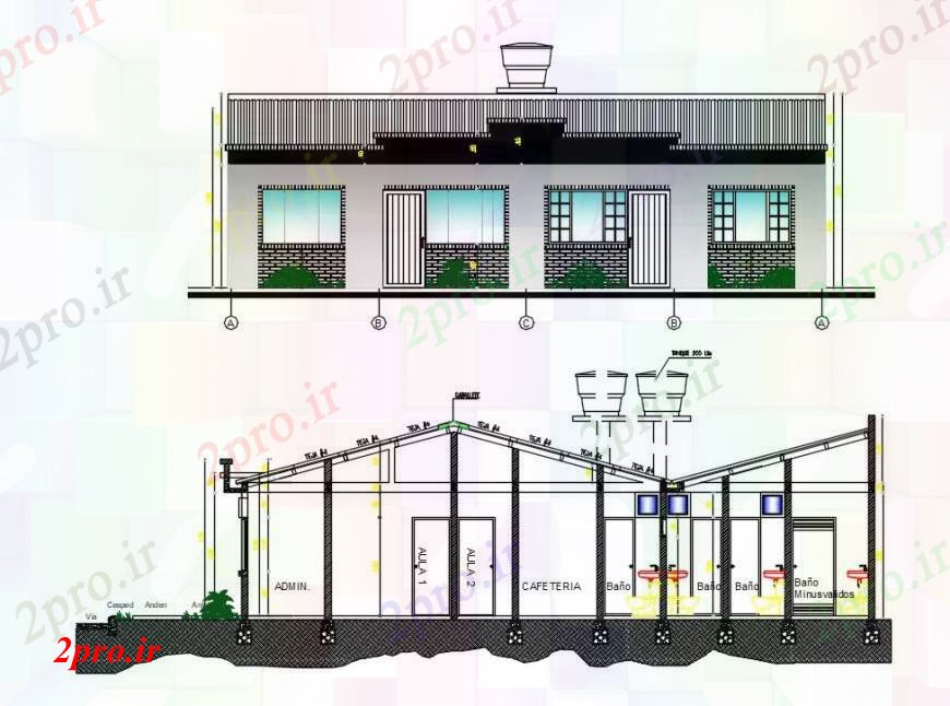 دانلود نقشه هتل - رستوران - اقامتگاه نما رستوران و بخش طرحی 5 در 10 متر (کد96813)