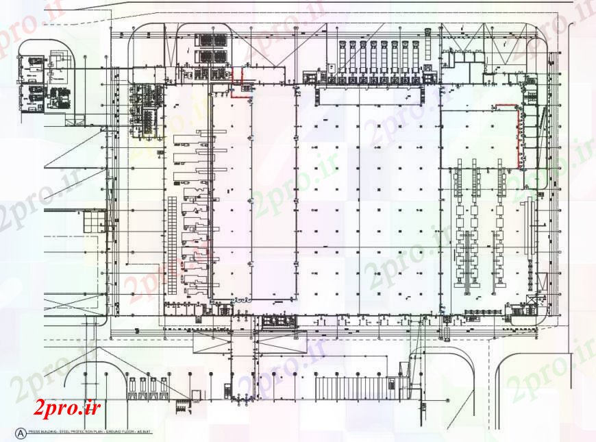 دانلود نقشه قالب اسکلت فلزی ساختمان اسکلت فلزی مطبوعات جزئیات بالای صفحه 13 در 21 متر (کد96818)