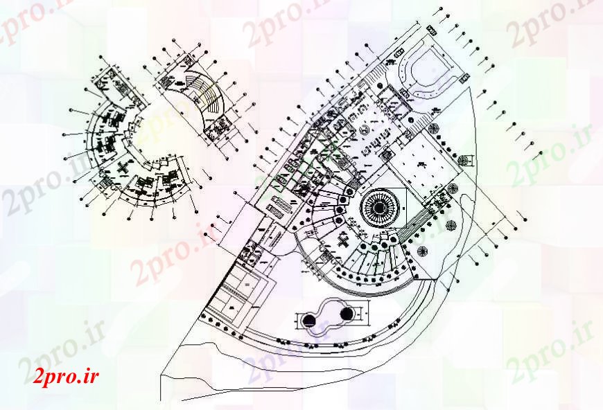 دانلود نقشه هتل - رستوران - اقامتگاه طراحی دو بعدی از هتل نما 20 در 35 متر (کد96819)