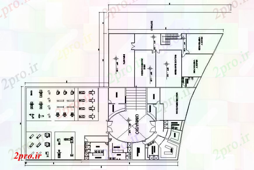 دانلود نقشه تجهیزات بدنسازی بازار Hiper با از اتوکد ورزشگاه 104 در 176 متر (کد96834)