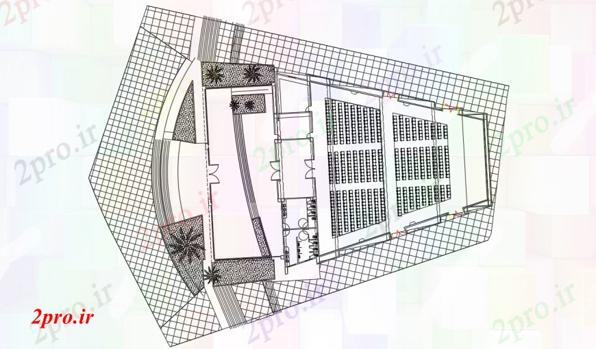 دانلود نقشه تئاتر چند منظوره - سینما - سالن کنفرانس - سالن همایشتئاتر توزیع صفحه طرحی های 30 در 44 متر (کد96864)