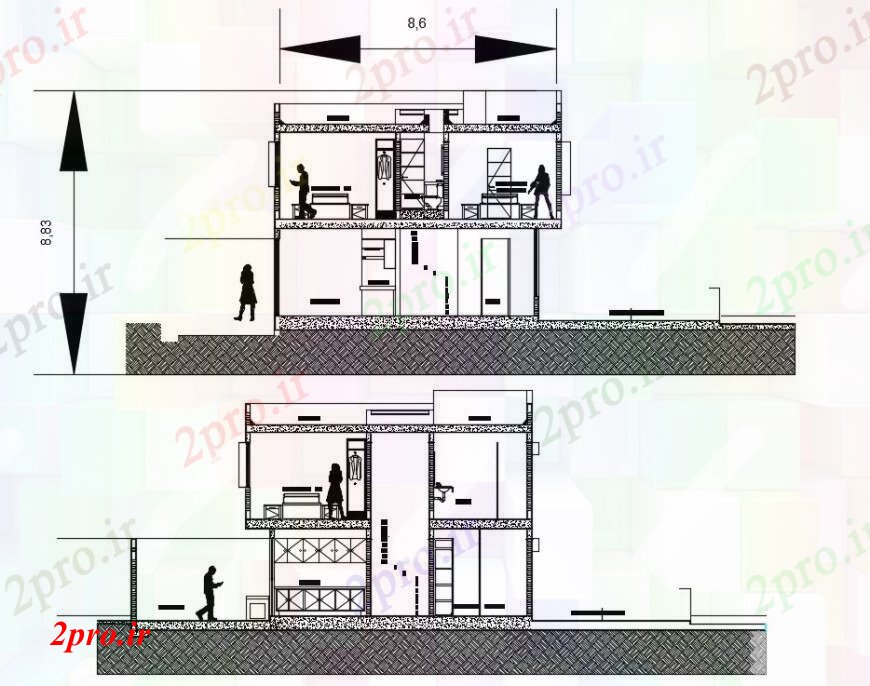 دانلود نقشه مسکونی  ، ویلایی ، آپارتمان  اصلی و بخش عقب کشی جزئیات یک دان خانه (کد96878)