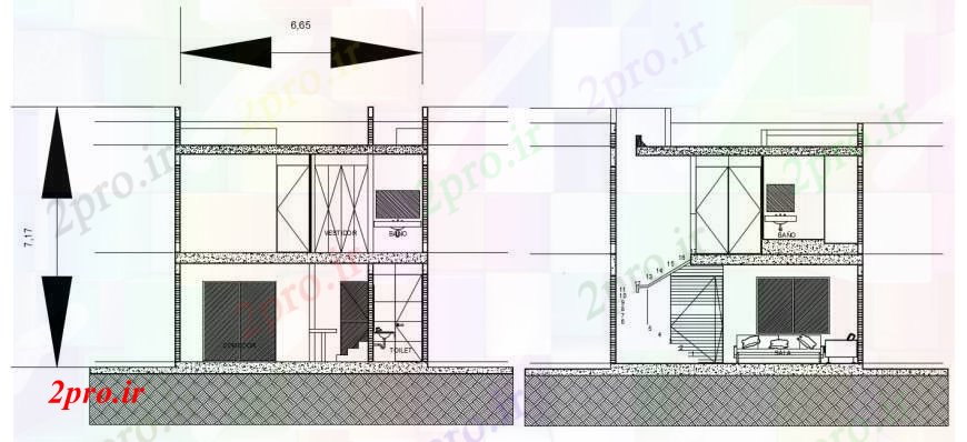 دانلود نقشه مسکونی  ، ویلایی ، آپارتمان  ساده مقابل دو سطح خانه و بخش تماس جزئیات (کد96879)