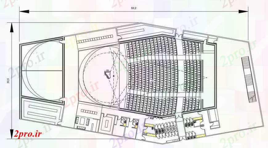 دانلود نقشه تئاتر چند منظوره - سینما - سالن کنفرانس - سالن همایشطرحی توزیع صفحه تئاتر با مبلمان طراحی جزئیات 31 در 60 متر (کد96886)