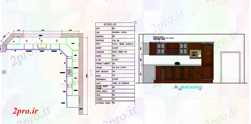 دانلود نقشه آشپزخانه جزئیات آشپزخانه های داخلی با طرحی و نما طراحی (کد96912)