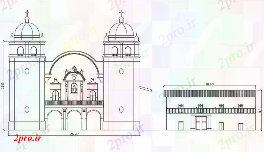 دانلود نقشه کلیسا - معبد - مکان مذهبی کلیسای نما طراحی 72 در 88 متر (کد96920)