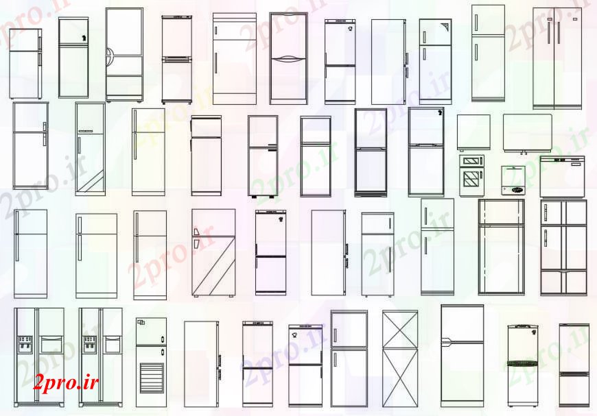 دانلود نقشه بلوک ، آرام ، نماد یخچال و فریزر دو بعدی  بلوک نما چند  (کد96945)