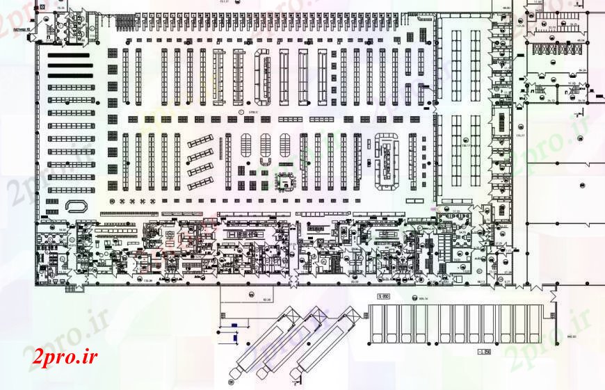 دانلود نقشه هایپر مارکت - مرکز خرید - فروشگاه مرکز خرید زمین توزیع کف طرحی های 228 در 268 متر (کد96983)