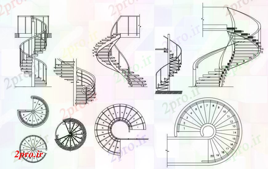 دانلود نقشه بلوک ، آرام ، نماد چند بلوک راه پله مارپیچ طراحی جزئیات  (کد97008)