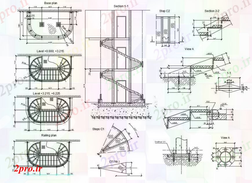 دانلود نقشه جزئیات پله و راه پله   خلاق نما مارپیچ راه پله، بخش و طراحی جزئیات  (کد97009)