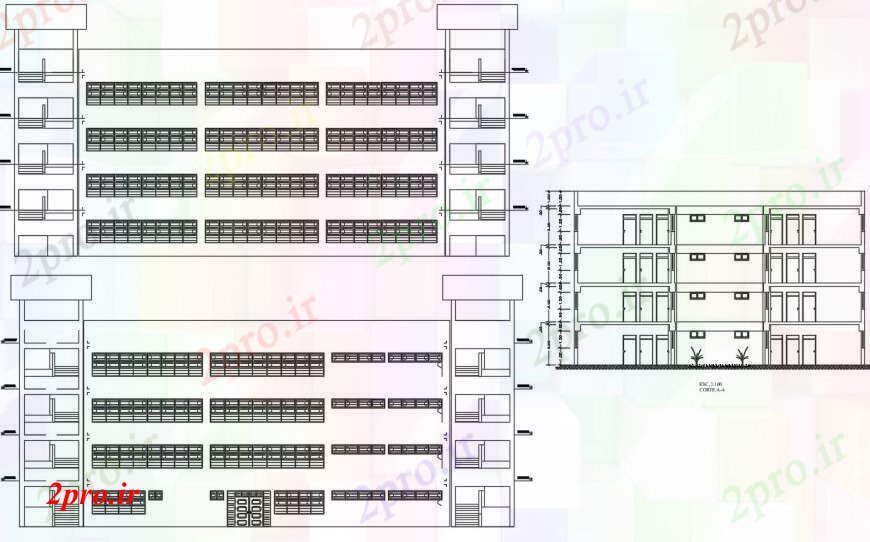 دانلود نقشه ساختمان مرتفعطراحی نما مقابل یک ساختمان بزرگ 11 در 88 متر (کد97017)