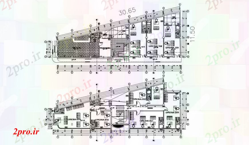 دانلود نقشه ساختمان اداری - تجاری - صنعتی طراحی دو بعدی از اتوکد معماری تجاری 11 در 30 متر (کد97049)