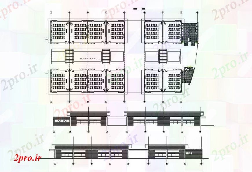دانلود نقشه دانشگاه ، آموزشکده ، مدرسه ، هنرستان ، خوابگاه - طراحی دو بعدی از یک کلاس درس مدرسه ابتدایی نما اتوکد 115 در 134 متر (کد97059)
