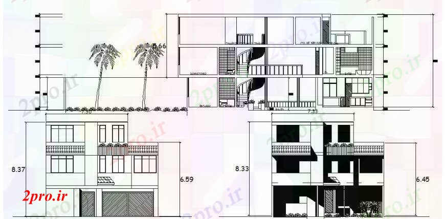 دانلود نقشه مسکونی  ، ویلایی ، آپارتمان  طراحی نما و بخش از دو دان آپارتمان   (کد97077)