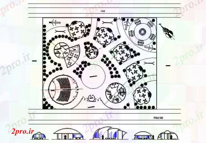 دانلود نقشه طراحی پارک - محوطه - باغ طراحی دو بعدی باغ نما بالای های اتوکد 40 در 50 متر (کد97107)