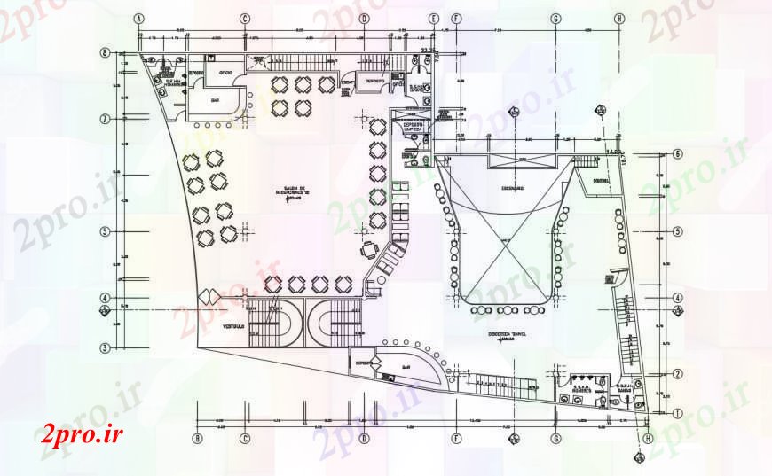 دانلود نقشه هتل - رستوران - اقامتگاه دو بعدی رسم رستوران محل غذاخوری اتوکد 25 در 34 متر (کد97159)
