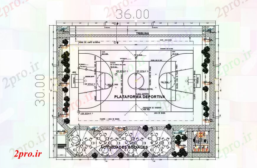 دانلود نقشه ورزشگاه ، سالن ورزش ، باشگاه کوتاه ورزشی های اتوکد پیچیده 30 در 36 متر (کد97163)