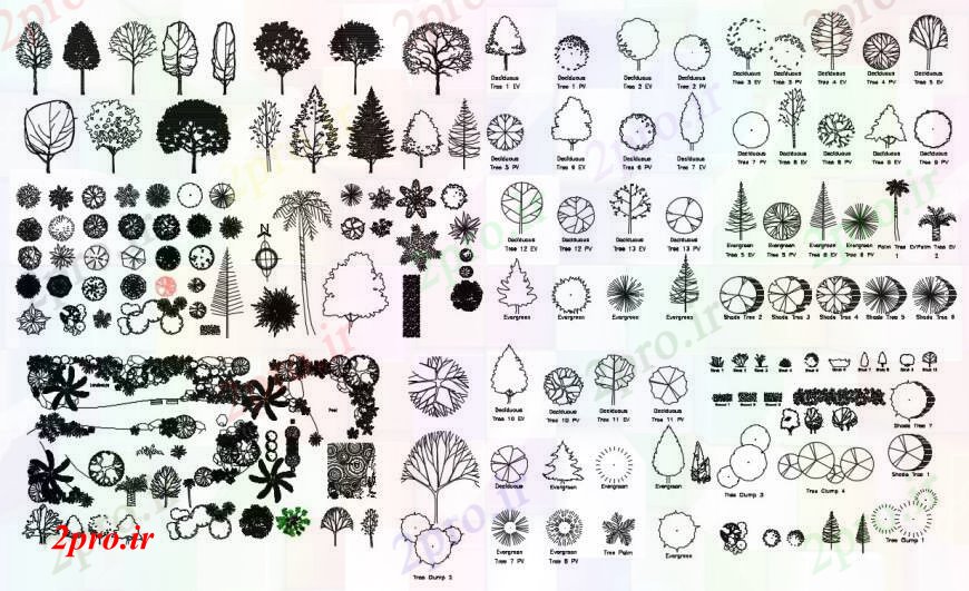 دانلود نقشه درختان و گیاهان درخت و گیاه درخت بلوک نما چند طراحی جزئیات  (کد97181)