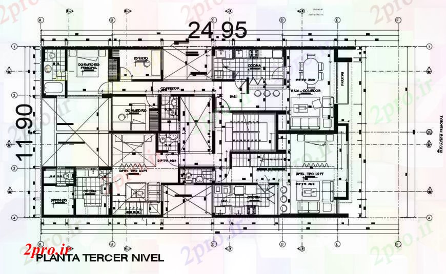 دانلود نقشه مسکونی  ، ویلایی ، آپارتمان  طبقه طرحی آپارتمان  ی با جزئیات مبلمان (کد97182)