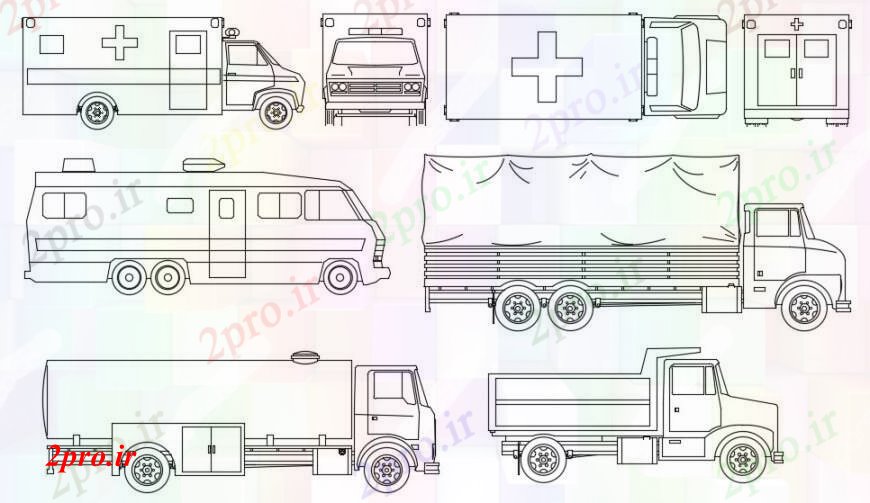 دانلود نقشه بلوک های حمل و نقل حمل و نقل کامیون، آمبولانس و اتوبوس بلوک نما چندین (کد97193)