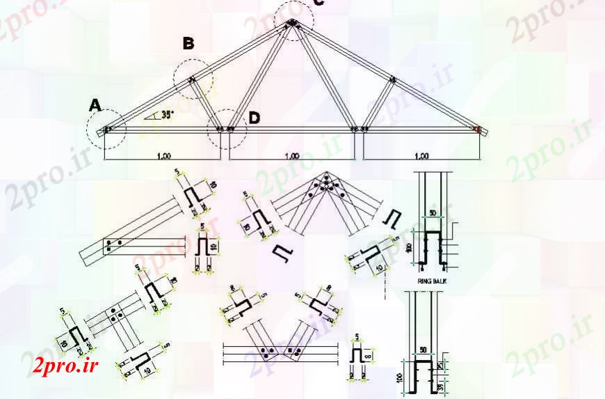 دانلود نقشه طراحی جزئیات ساختار طراحی جزئیات ساختار بام  دو بعدی  بلوک   (کد97294)