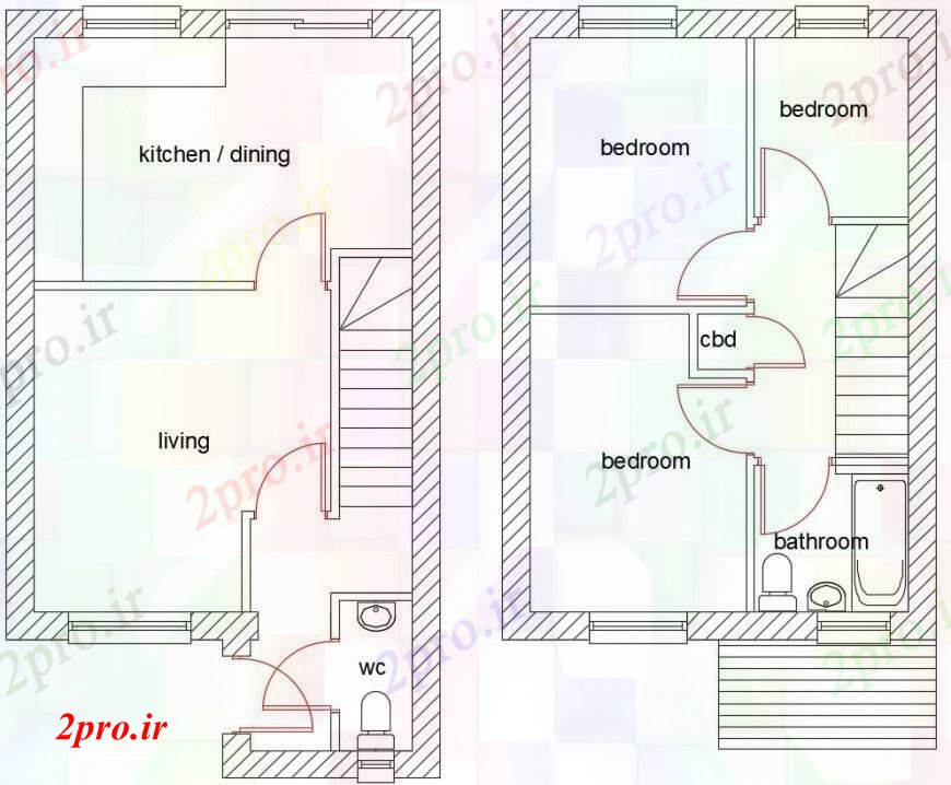 دانلود نقشه مسکونی ، ویلایی ، آپارتمان مدرن پلان خانه بالای مدل دو بعدی 5 در 9 متر (کد97314)